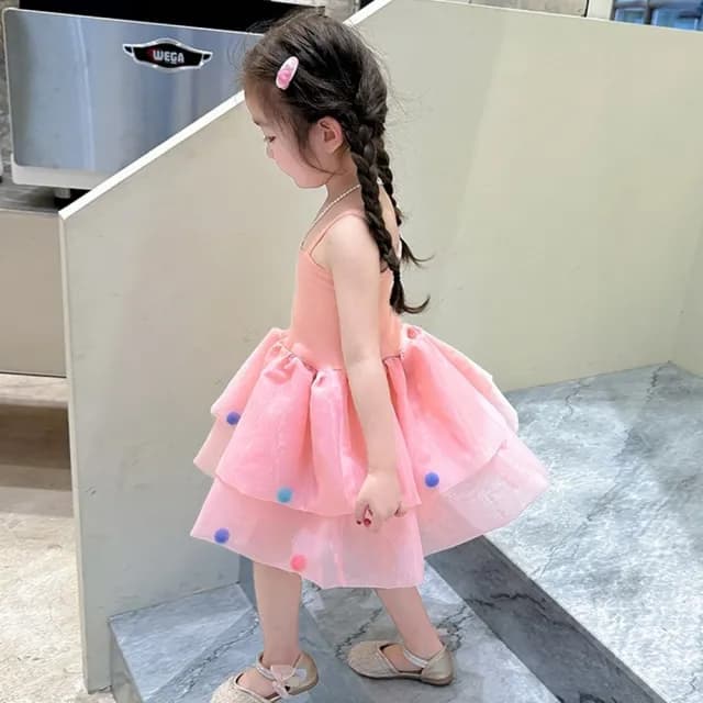 【橘魔法】彩虹毛球肩帶澎澎紗裙洋裝(連衣裙 連身裙 吊帶洋裝 紗裙洋裝 童裝 兒童 女童)