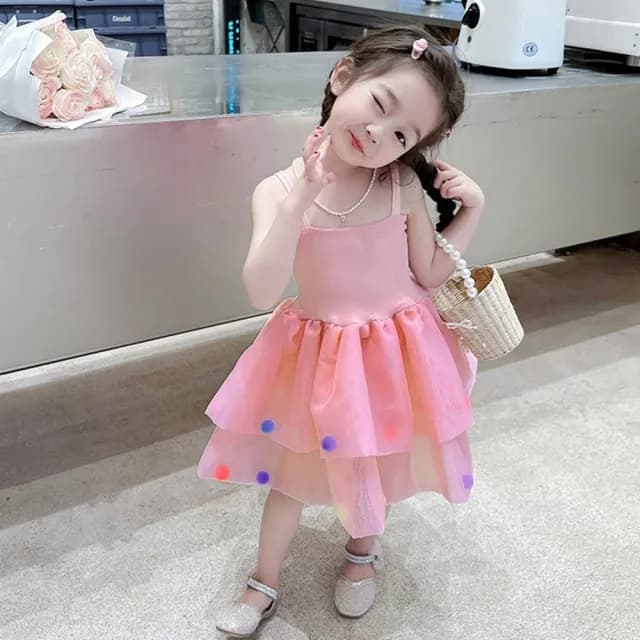 【橘魔法】彩虹毛球肩帶澎澎紗裙洋裝(連衣裙 連身裙 吊帶洋裝 紗裙洋裝 童裝 兒童 女童)