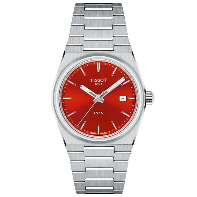【TISSOT 天梭】T137.210.11.421.00 PRX 紅色太陽紋石英女錶 35mm 石英錶 手錶 送禮 推薦(T1372101142100)