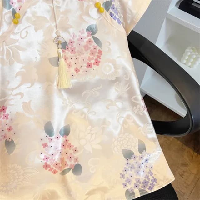 【橘魔法】光澤綢緞繡球花旗袍洋裝(連身洋裝 連衣裙 連身裙 女童 兒童 童裝)