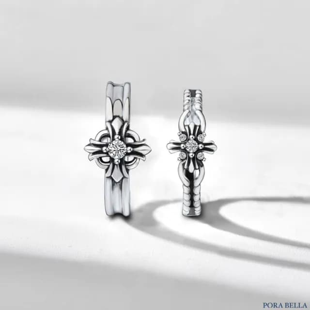 【Porabella】S925純銀 十字架鋯石情侶對戒|復古十字架戒指 做舊對戒 告白 紀念 情人節禮物推薦 rings