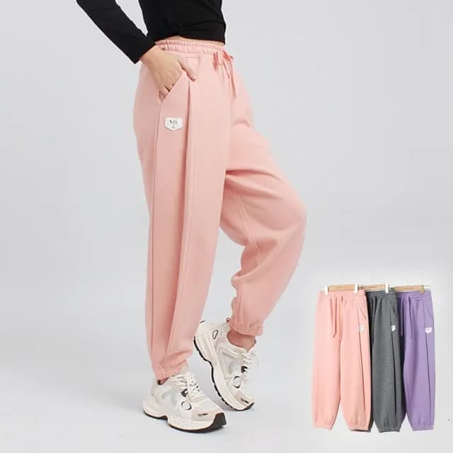 【橘魔法】皮革小標籤車線縮口長褲(大童 女童 運動褲 棉褲 縮口褲 褲子 童裝 兒童)