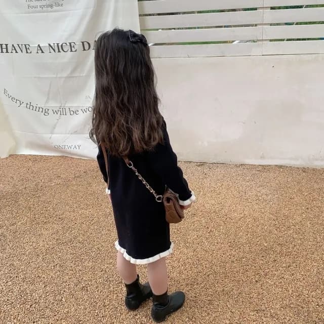 【橘魔法】韓系氣質木耳邊針織連身裙(大童 連衣裙 洋裝 長版上衣 中童 童裝 女童 兒童)