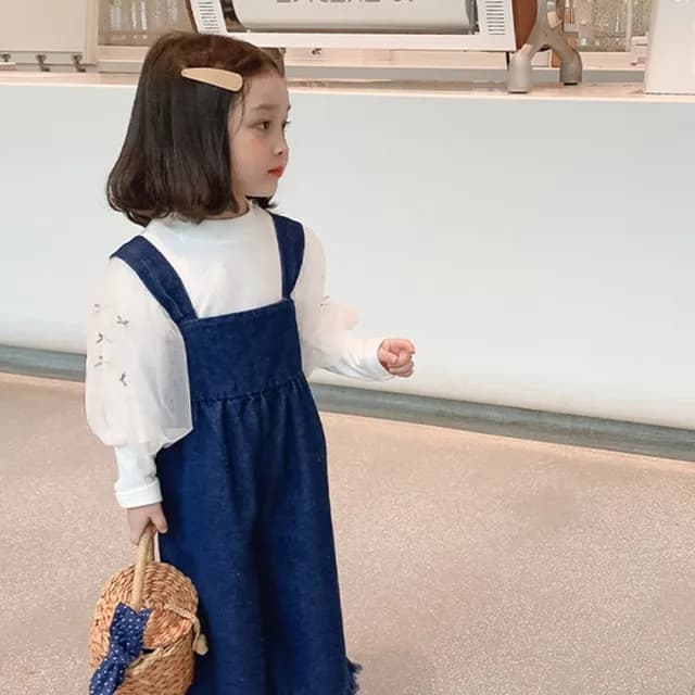 【橘魔法】俏皮抓皺鬚邊吊帶牛仔褲(褲子 吊帶褲 長褲 女童 童裝 兒童)