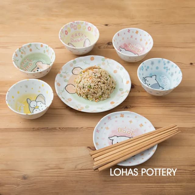 【LohasPottery 陸寶】日本製 美濃燒 動物卡通釉下彩壓紋餐具|5.5 吋飯碗 五入組(兒童碗 餐碗)