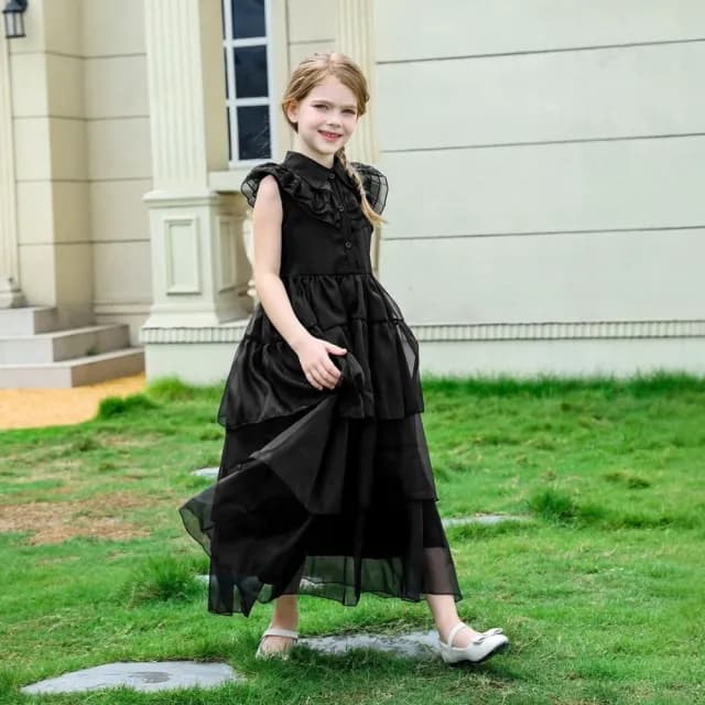 【橘魔法】兒童黑紗公主禮服裙(萬聖節服裝 蛋糕裙 長洋裝 無袖洋裝 禮服 星期三 角色扮演 女童 兒童 童裝)