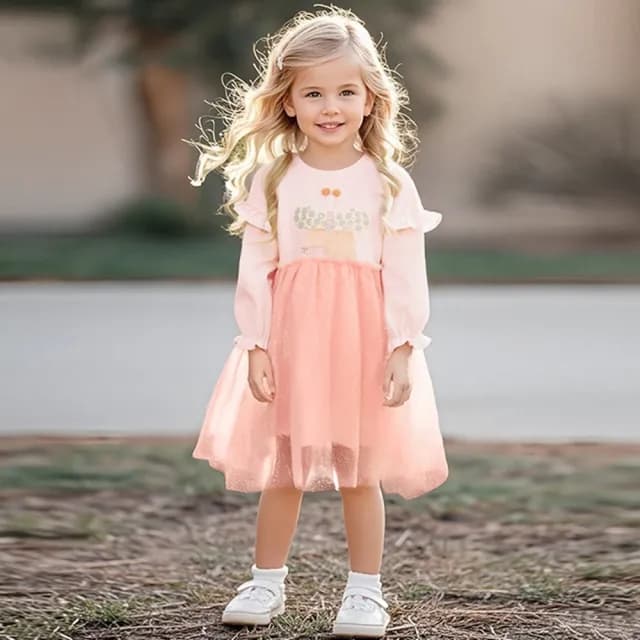 【橘魔法】蝴蝶閃粉荷葉袖紗裙洋裝(兒童 長袖洋裝 連衣裙 連身裙 蓬蓬裙 裙子 女童 兒童 童裝)