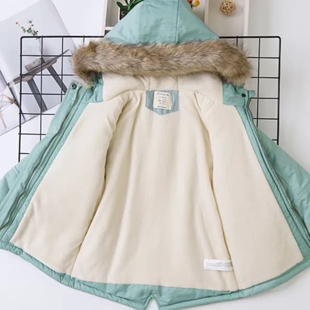 【橘魔法】亮色縮腰毛毛領連帽長袖外套(棉絨 刷毛 風衣 大衣 外套 大童 厚外套 女童 兒童 童裝)