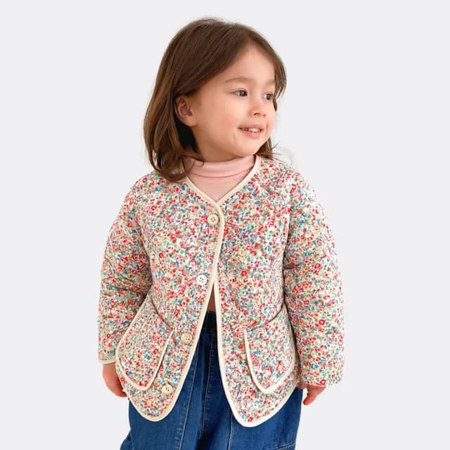 【橘魔法】雙11 小碎花蓬袖鋪棉長袖外套(開衫外套 鋪棉外套 棉衣 厚外套 中童 兒童 童裝 女童)