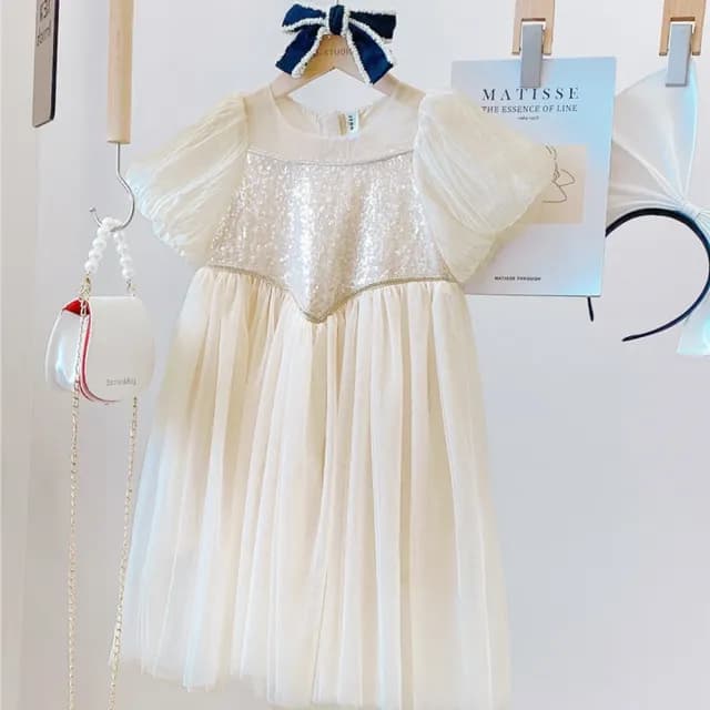 【橘魔法】復古宮廷風亮片澎澎袖洋裝(連衣裙 連身裙 短袖洋裝 女童 童裝 兒童 生日洋裝)