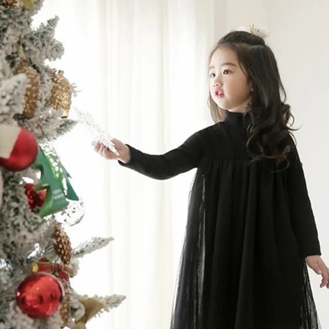 【橘魔法】極素高領紗裙長袖洋裝(大童 聖誕 過年 連身裙 澎澎裙 連衣裙 長袖洋裝 紗裙 女童 洋裝 童裝)