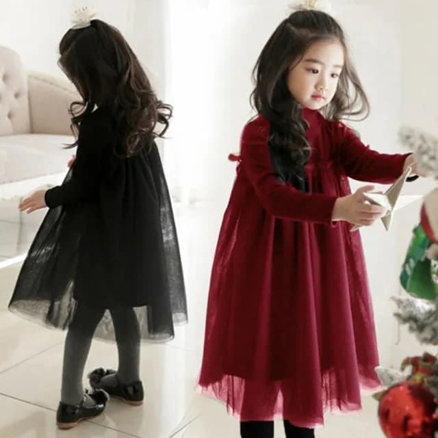 【橘魔法】極素高領紗裙長袖洋裝(大童 聖誕 過年 連身裙 澎澎裙 連衣裙 長袖洋裝 紗裙 女童 洋裝 童裝)