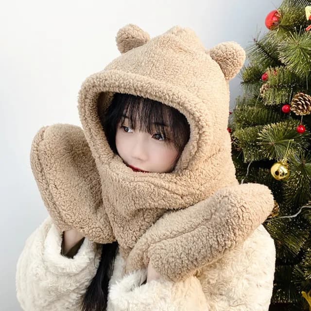 【D.studio】韓版保暖防寒毛毛小熊圍巾(功能三合一圍巾帽子手套熊熊圍巾 毛毛圍巾絨毛圍巾圍脖圍巾)