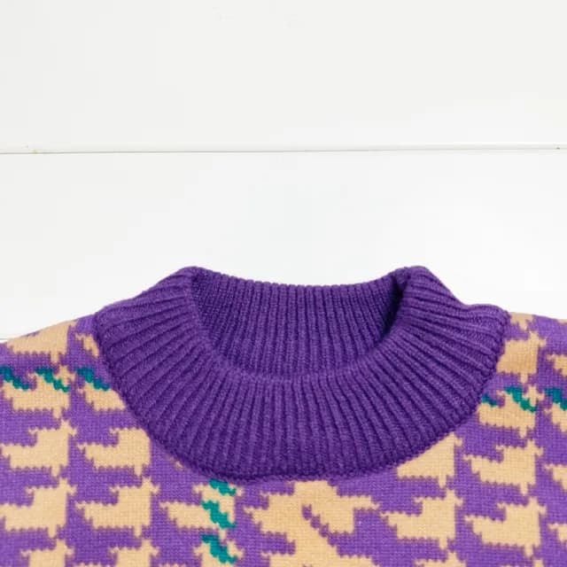 【橘魔法】紫繽紛千鳥紋中高領針織毛衣(大童 針織 長袖 毛衣 線衫 女童 童裝 兒童 上衣 保暖 厚)