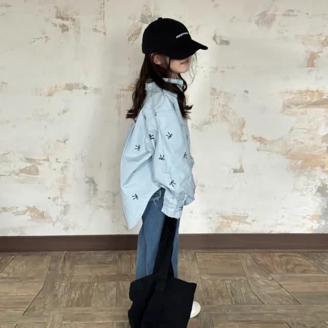 【橘魔法】滿印蝴蝶結襯衫 鬚邊喇叭牛仔褲(套裝 襯衫 薄長袖 長褲 褲子 親子款 大童 大人 兒童 女童 童裝)