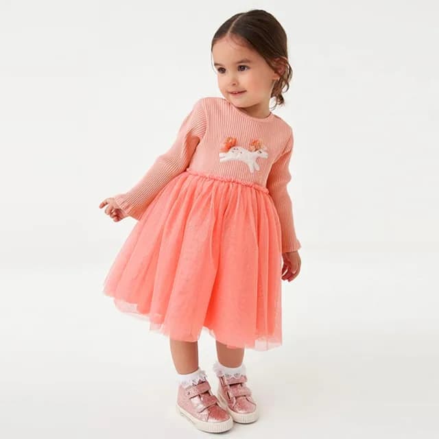 【橘魔法】俏皮獨角獸長袖紗裙洋裝(長袖洋裝 薄長袖 連身裙 連衣裙 女童 兒童 童裝)