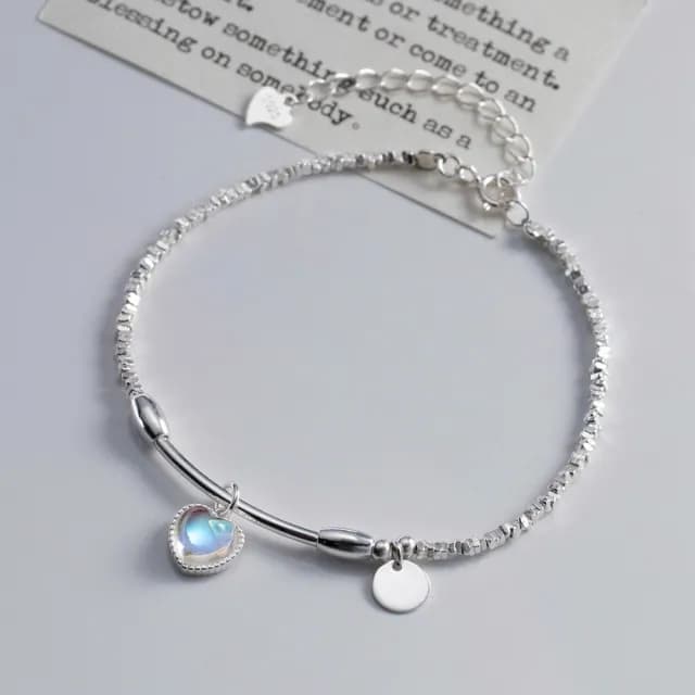 【Porabella】925純銀手鍊 愛心月光石圓牌手鍊 月光石手鍊 不規則手環 碎銀子手鍊 小眾設計 Bracelet