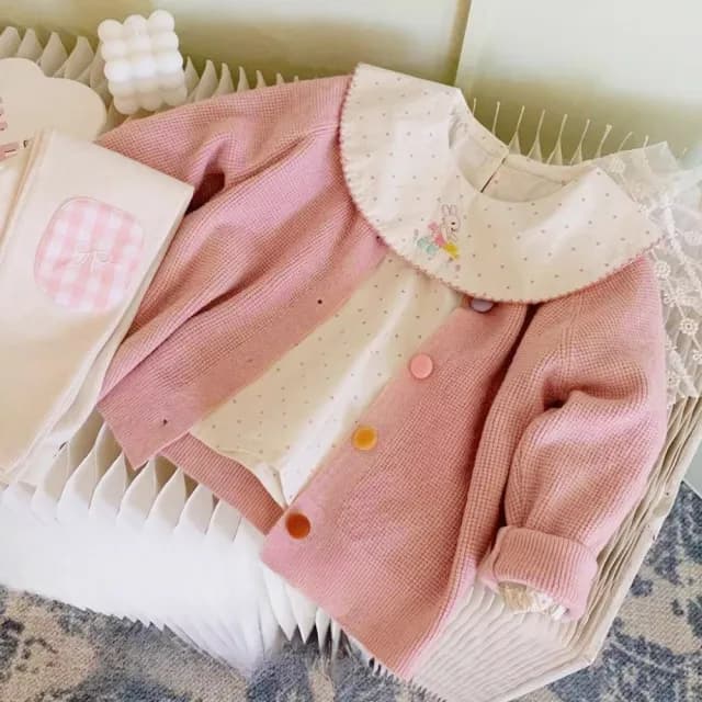 【橘魔法】彩色鈕扣華夫格長袖外套(針織外套 小外套 薄長袖 薄外套 開衫 女童 兒童 童裝)