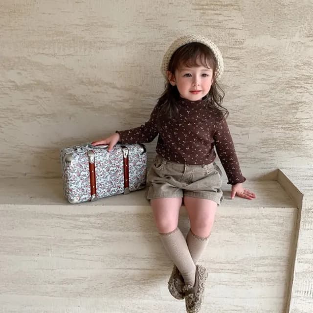 【橘魔法】多色碎花木耳邊細刷絨上衣(半高領 長袖上衣 打底衫 內搭衣 大童 童裝 兒童 女童 中童)