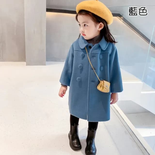【橘魔法】氣質雙排扣毛尼外套(長袖外套 大衣 厚外套 女童 兒童 中童 童裝)