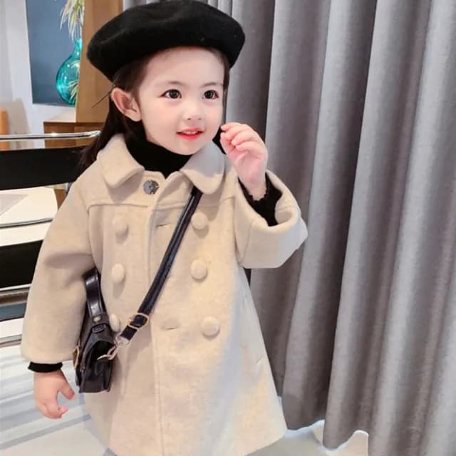 【橘魔法】氣質素色雙排扣翻領毛尼長袖外套(長袖外套 大衣 厚外套 女童 兒童 中童 童裝)