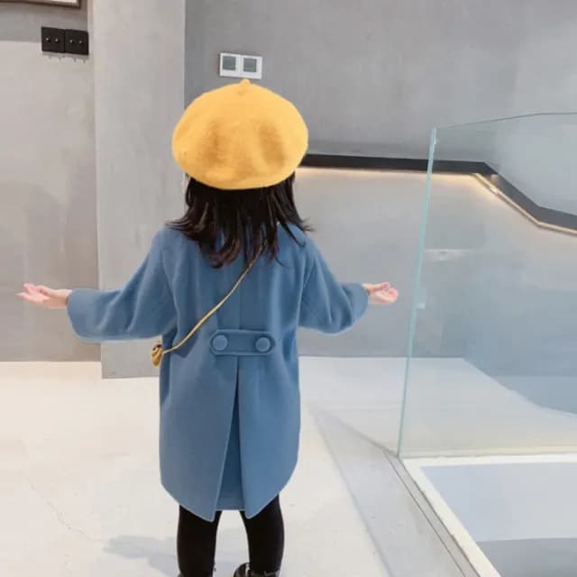 【橘魔法】氣質素色雙排扣翻領毛尼長袖外套(長袖外套 大衣 厚外套 女童 兒童 中童 童裝)