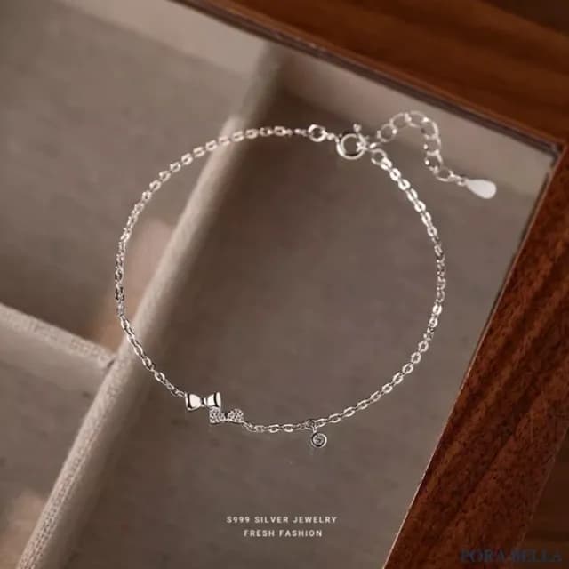 【Porabella】S999純銀手鍊 蝴蝶結手鍊 迷你鋯石蝴蝶結手鍊 小眾精緻 足銀飾品 純銀手鍊 Bracelet