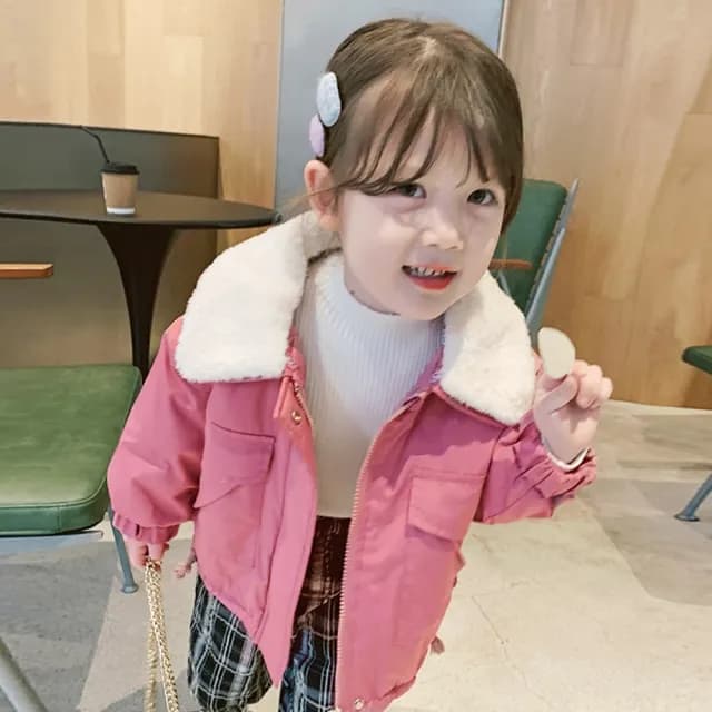 【橘魔法】粉色翻領毛絨長袖外套(風衣 外套 女童 兒童 童裝)