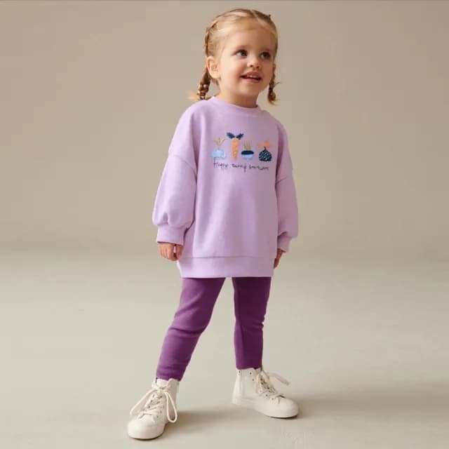 【橘魔法】紫色蔬菜長袖上衣+坑條內搭褲套裝(長袖上衣 長褲 衛衣 褲子 女童 兒童 童裝)