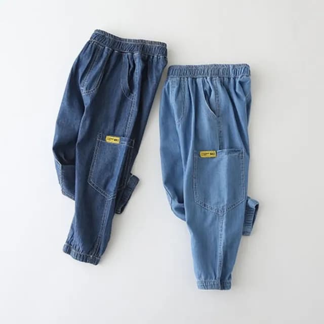 【橘魔法】側邊口袋天絲棉薄款牛仔褲(防蚊褲 薄長褲 空調褲 長褲 褲子 縮口褲 男童 兒童 童裝)