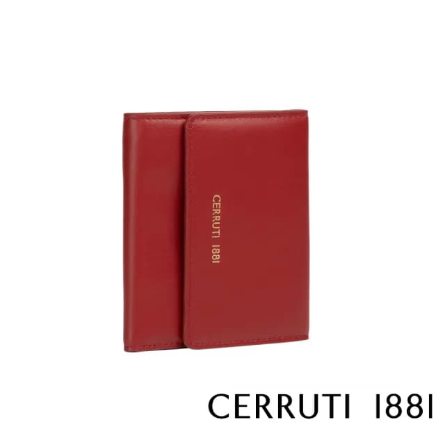 【Cerruti 1881】限量2折 義大利原裝進口 頂級小牛皮女用短夾零錢包 6164M 全新專櫃展示品(紅色)