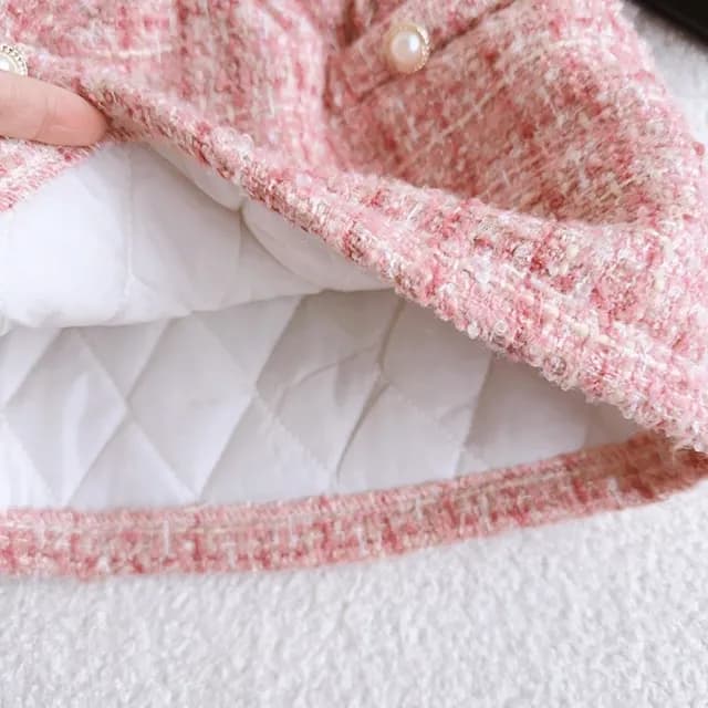 【橘魔法】粉嫩氣質名媛毛邊毛尼長袖外套+窄裙(套裝 外套 裙子 短裙 小香風 女童 童裝 兒童)