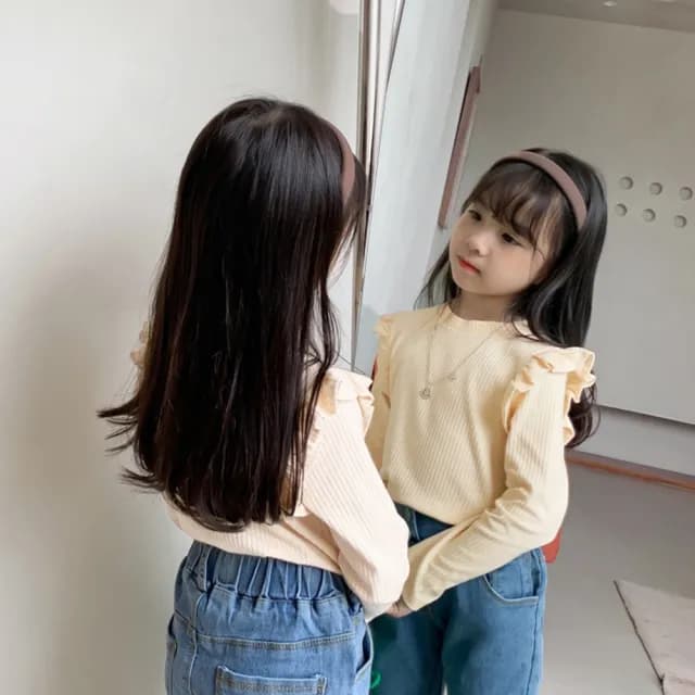 【橘魔法】浪漫小飛袖直條紋長袖上衣(打底衫 內搭衣 童裝 兒童 女童 中童)