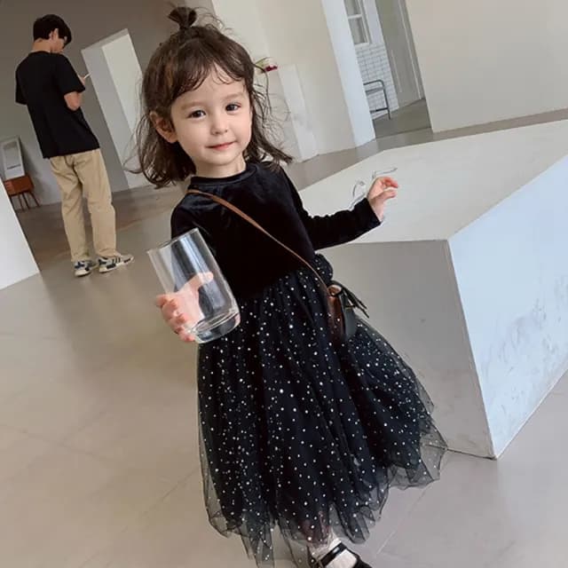 【橘魔法】黑絲絨炫彩亮片刷毛長袖洋裝(連衣裙 連身裙 紗裙洋裝 女童 童裝 兒童)