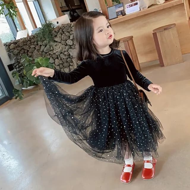 【橘魔法】黑絲絨炫彩亮片刷毛長袖洋裝(連衣裙 連身裙 紗裙洋裝 女童 童裝 兒童)