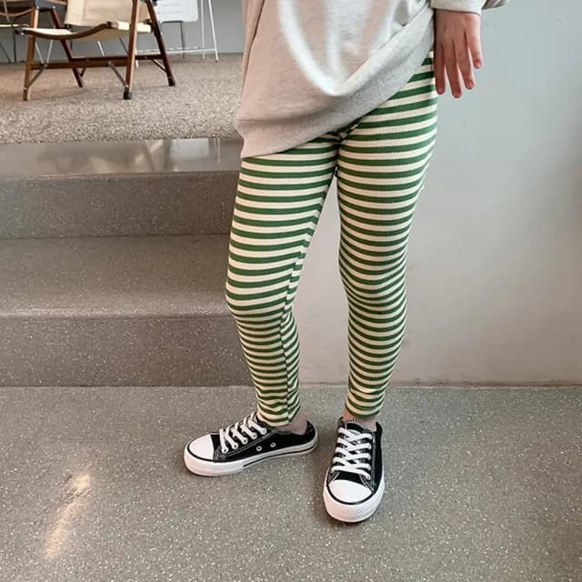 【橘魔法】重色條紋羅紋內搭褲(大童 長褲 褲子 貼身褲 合身褲 女童 童裝 兒童)