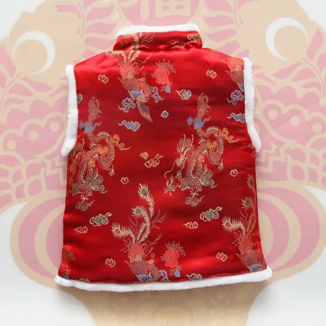 【橘魔法】新年毛毛領刺繡龍鳳背心(新年 過年 喜宴 大紅 背心 中國風 唐裝 旗袍背心 男童 女童 兒童 童裝)
