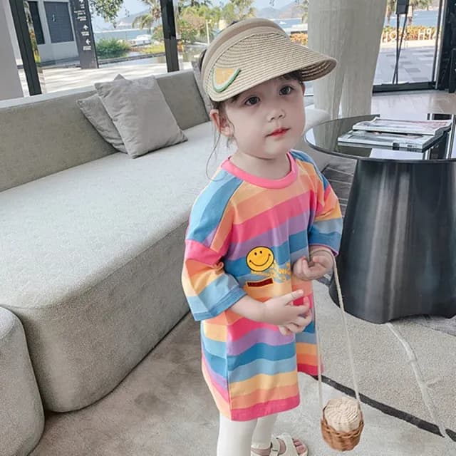 【橘魔法】微笑彩虹寬條長版短袖上衣(女童 中童 小童 兒童 童裝)