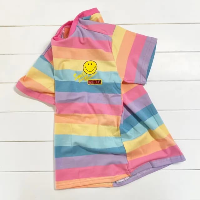 【橘魔法】微笑彩虹寬條長版短袖上衣(女童 中童 小童 兒童 童裝)