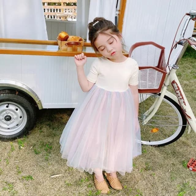 【橘魔法】彩虹漸層交叉大U露背紗裙連身洋裝(連衣裙 紗裙 女童 兒童 中童 童裝 女童 小童)