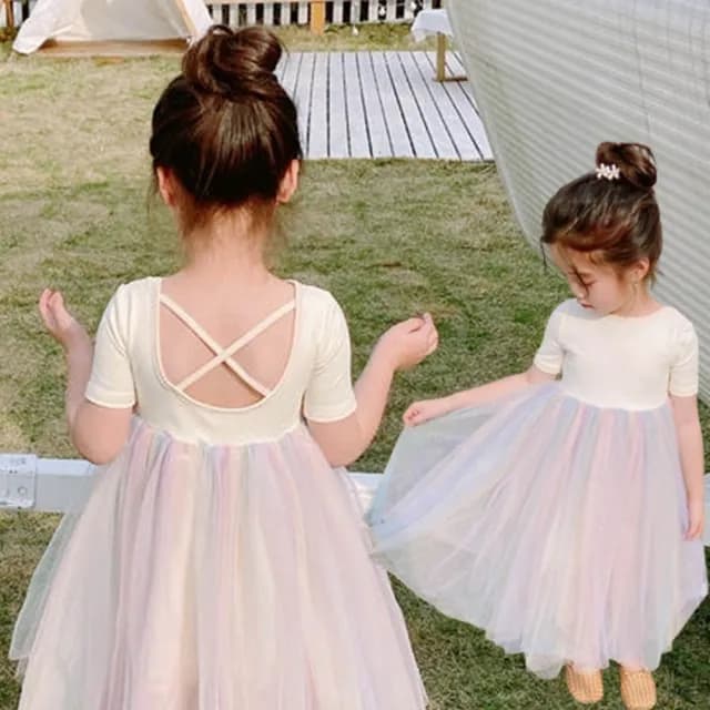 【橘魔法】彩虹漸層交叉大U露背紗裙連身洋裝(連衣裙 紗裙 女童 兒童 中童 童裝 女童 小童)