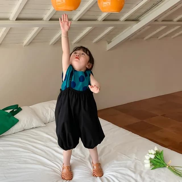 【橘魔法】藍綠點點背心+澎澎吊帶燈籠褲 套裝(褲子 七分褲 兒童 女童 童裝)