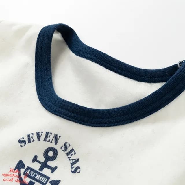 【橘魔法】(3件1組)條紋船錨雙層緹花 套裝(長袖上衣 褲子 內衣 長褲 居家服 男童 兒童 衛生衣 童裝)