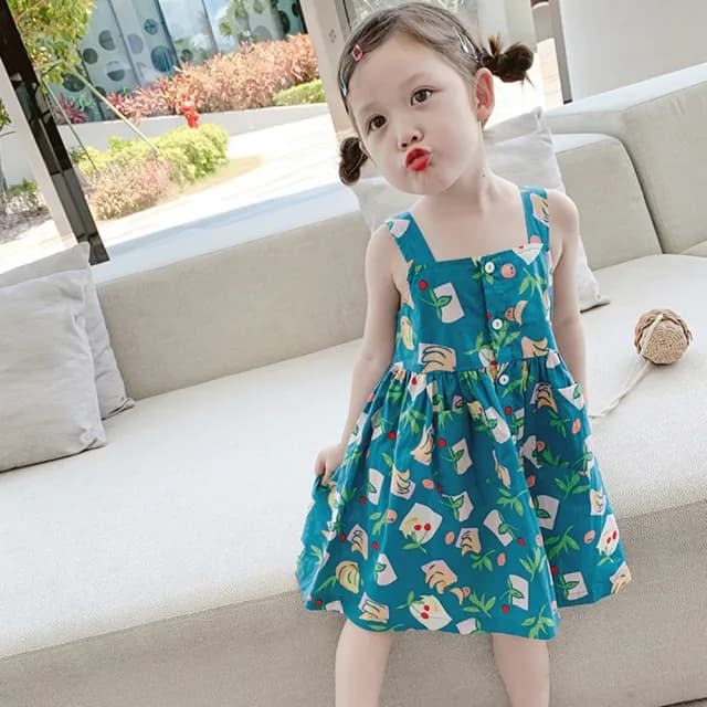 【橘魔法】滿印平口排釦傘擺吊帶洋裝(吊帶裙 連身裙 裙子 女童 兒童 童裝)