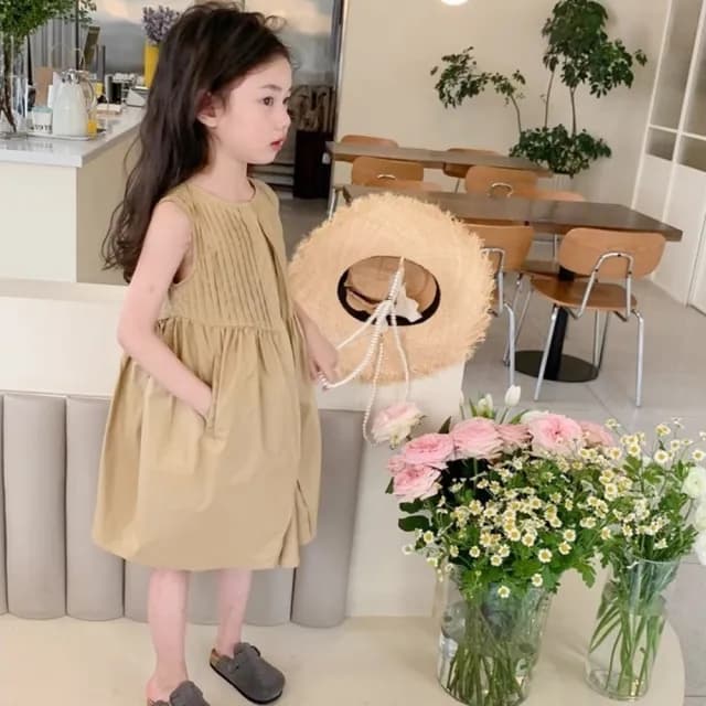 【橘魔法】素雅摺線傘擺洋裝(連身裙 連身洋裝 裙子 女童 中童 兒童 童裝)