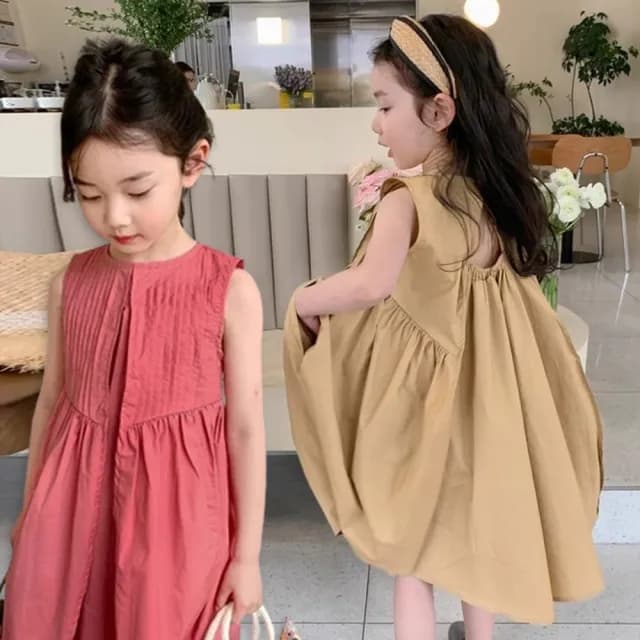 【橘魔法】素雅摺線傘擺洋裝(連身裙 連身洋裝 裙子 女童 中童 兒童 童裝)