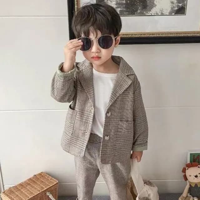 【橘魔法】復古格紋西裝套裝((不含上衣)西裝外套 長袖外套 西裝褲 褲子 薄外套 女童 男童 兒童 童裝)