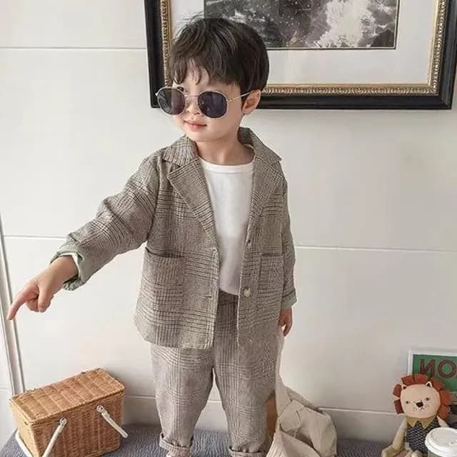 【橘魔法】復古格紋西裝套裝((不含上衣)西裝外套 長袖外套 西裝褲 褲子 薄外套 女童 男童 兒童 童裝)
