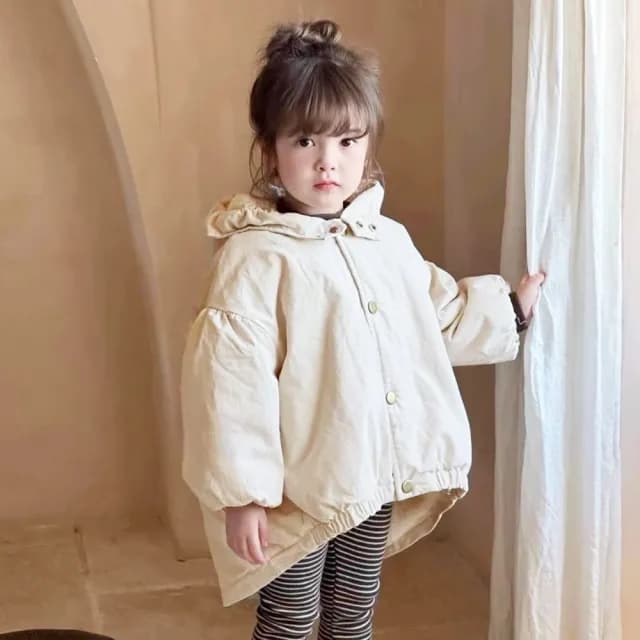 【橘魔法】米色羊糕絨工裝外套(前短後長 加厚 風衣 厚外套 夾克 保暖 寒流 中性款 女童 男童 兒童 童裝)