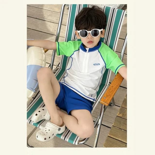 【橘魔法】色塊拼接插肩短袖泳衣套裝(二件式 泳裝 游泳課 學生泳衣 兒童 男童 童裝)